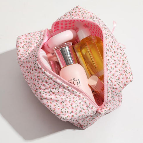 Quilted Makeup Bag, Floral Cosmetic Bag Cute Handmade Aesthetic Pink Toiletry Bag Flower Coquette Accessories Cotton Pouch for Women(Pink Medium)