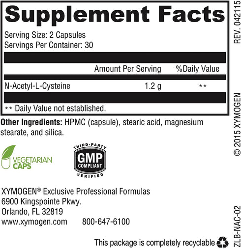 XYMOGEN NAC N-Acetyl-Cysteine 600mg - Cardiovascular, Antioxidant, Liver Detox + Immune Support