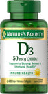 Nature's Bounty Vitamin D3, Immune and Bone Support, 2000IU, 240 Softgels