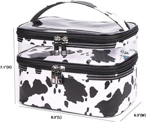 FITINI 3 Pieces Double Layer Makeup Bags, Large White Cows Waterproof Cosmetic Cases for Women Makeup Storage