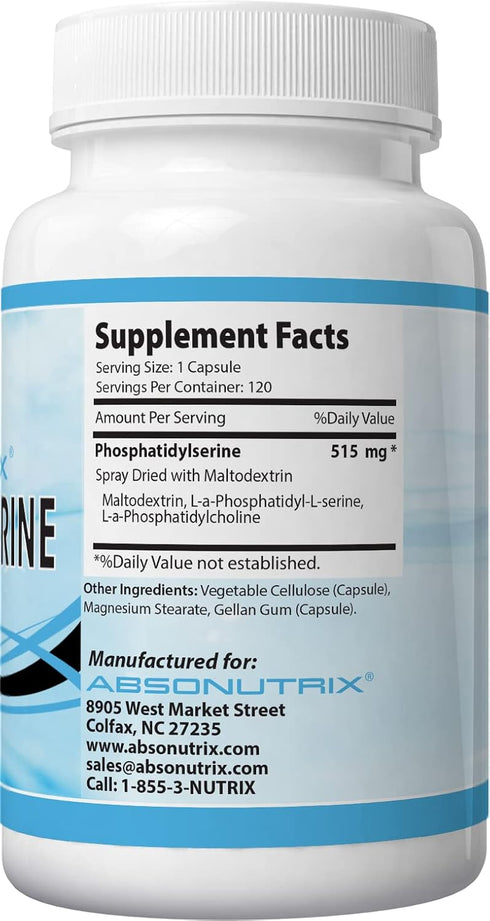 Absonutrix Phosphatidylserine 515 mg - 4 Fl Oz Large Bottle, 120 Servings, Made in USA, Quick Absorption