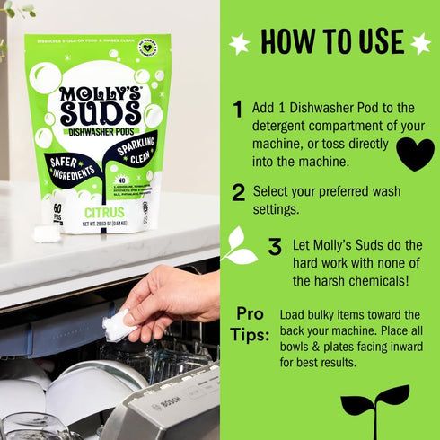 Molly's Suds Dishwasher Pods, Natural Detergent, Cuts Grease & Rinses Clean, 60 Auto-Release Tabs (Citrus)