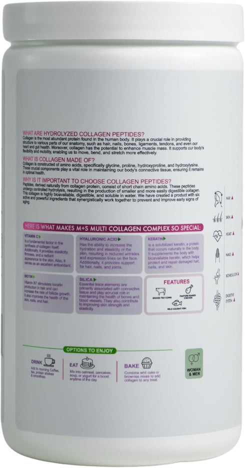 M+S Multi Collagen Complex – Hydrolyzed Collagen Peptides, Types I, II, III for Skin, Hair, Nails, Joints with Vitamin