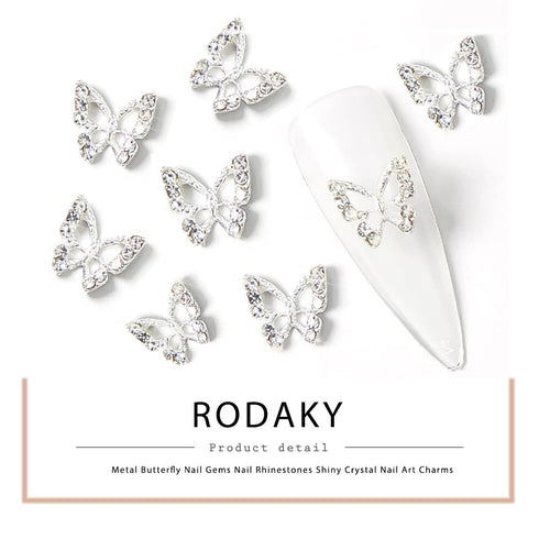 RODAKY 3D Alloy Butterfly Nail Art Charms, 12PCS Silver Butterflies with Gems for Nail Decoration