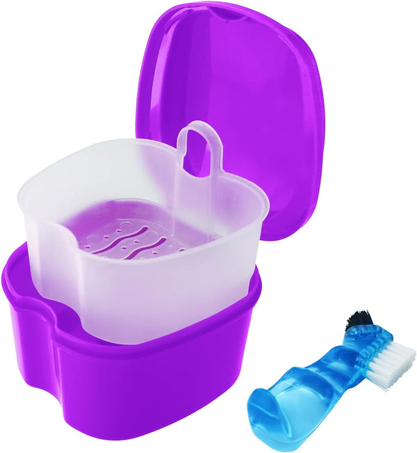 Colorful Denture Bath Case with Brush, Waterproof Storage Case for False Teeth Cleaning - Purple
