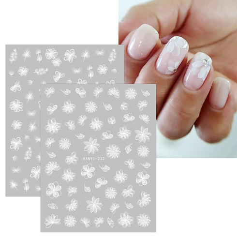 JMEOWIO 12 Sheets Spring White Flower Nail Art Stickers Decals for Summer Nail Design