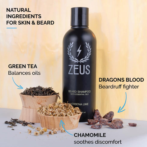 ZEUS Beard Shampoo, Cleansing & Moisturizing with Green Tea, 8 oz, Verbena Lime