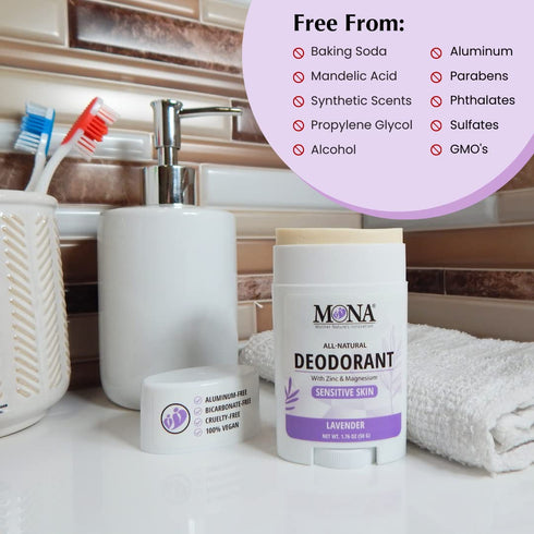 MONA BRANDS All Natural Deodorant for Women & Men, Sensitive Skin, No Aluminum or Baking Soda, 2-Pack Lavender