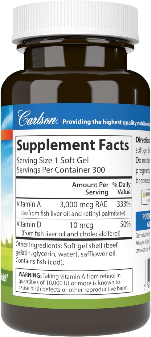 Carlson A & D, 10000 IU Vitamin A, 400 IU Vitamin D3, Vision Support, Skin Health, 300 Soft Gels