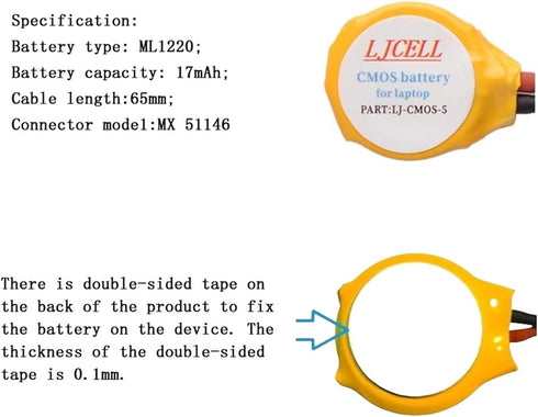 CMOS ML1220 Battery for DELL XPS 13 15, BIOS RTC with 2 Wire Cable