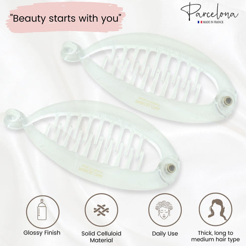 Parcelona French Effortless Mini Clear Clips, Pack of 2 Celluloid Clips for Thick Hair Ponytail Holder for Women