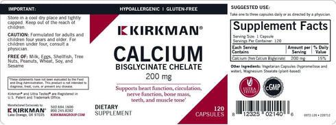 Kirkman Calcium Bisglycinate Chelate 200mg, 120 Capsules, Without Vitamin D3, Hypoallergenic, Strong Bones Support