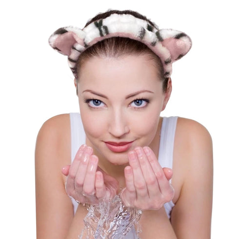 2 PCS Women Animal Ear Tiger Print Fuzzy Hairband Makeup Headband Elastic Stretch Head Wrap for Skincare Spa