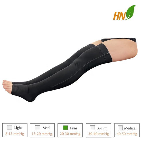 HealthyNees 20-30 mmHg Open Toe Compression Wide Leg Stocking Thigh High Zipper (Large-X-Large, With Zipper Black)