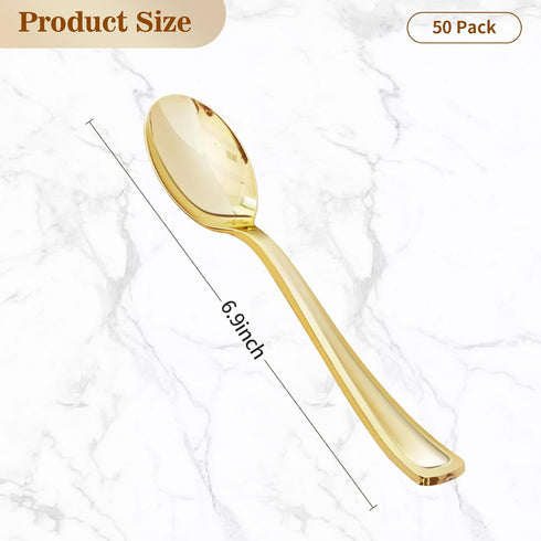 50 Pack 6.9 Inch Gold Plastic Spoons, Heavy Duty Plastic Silverware, Heavyweight Gold Disposable Spoons, Disposable Serving Utensils for Catering, Parties, Dinners, Weddings