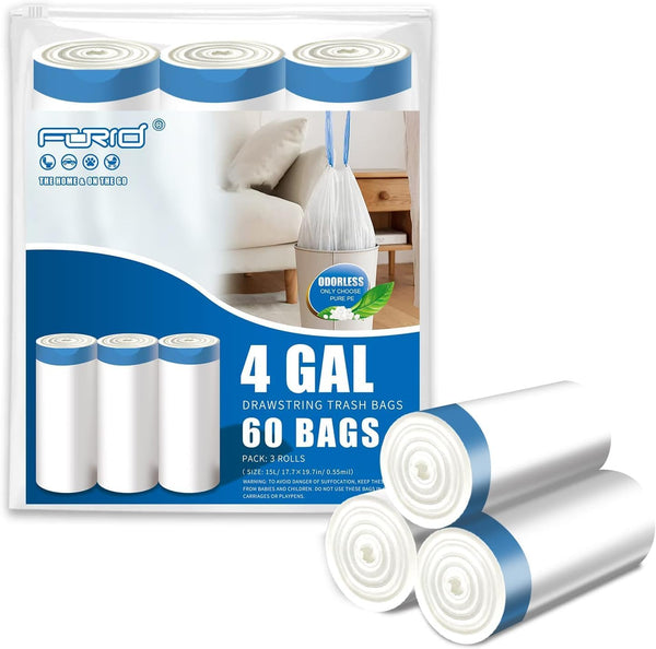 FORID Small Drawstring Trash Bags, 4 Gallon Plastic Garbage Bags, 60 Count, White Unscented Can Liners for Bathroom
