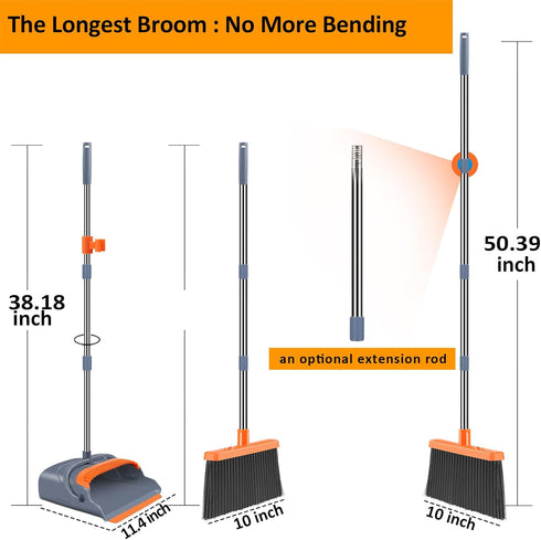kelamayi Upgrade Broom and Dustpan Set - Self-Cleaning with Dustpan Teeth, Gray & Orange