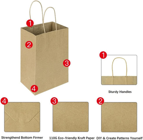 Oikss 100 Pack Small Plain Natural Paper Kraft Gift Bags, 5.25x3.25x8.25 Inch, Bulk for Birthday Party Favors