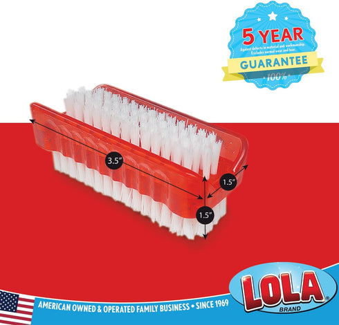 LOLA Products Hand & Nail Brush, 2 Sided - Soft & Stiff, long-Lasting, Comfortable No-Slip Grip, Cleans Hands & Fingernails, Red- 3 Pack