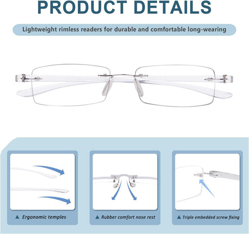 BLUELESS Rimless Small Reading Glasses for Men and Women (Transparent)