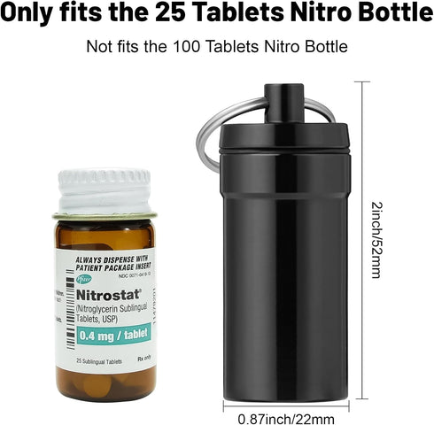 Nitroglycerin Keychain Pill Holder Mini, 2 Pack Waterproof Portable Travel Purse Pocket Pill Case, Keychain Pill Fob Container for 25ct Nitro/Nitroglycerin Bottle (Black + Blue)