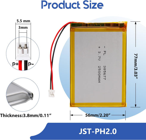 Winfox 3.7V 2500mAh 385677 Pack PH2.0mm Lipo Battery Rechargeable Lithium Polymer Battery with JST Connector