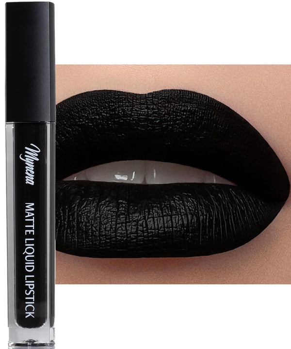 Mynena Jet Black Liquid Matte Lipstick - Long-Lasting Waterproof, High Pigment, Comfortable, Vegan & Cruelty-Free