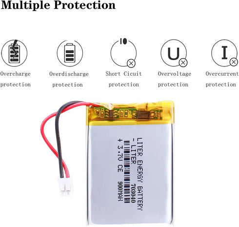Liter Energy Battery 3.7V Lipo Battery, 900mAh Rechargeable Lithium Ion Polymer with JST Connector