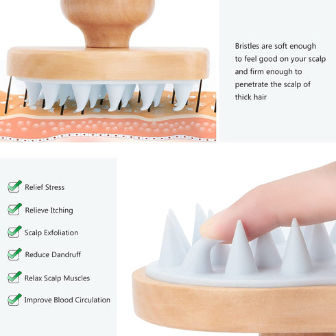 Scalp Massager Shampoo Brush, Wooden Wet and Dry Hair Scalp Care Brush, Exfoliator with Soft Silicone Bristles
