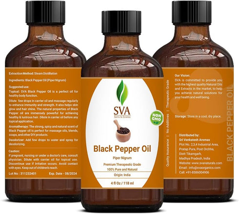 SVA Premium Black Pepper Oil - 4oz (118 ml) Essential Oil with Dropper for Diffuser, Aromatherapy & Skin Care