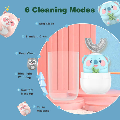Kids Electric Toothbrush - U Shaped Sonic Automatic Brush with 5 Brush Heads, 6 Cleaning Modes, IPX7 Waterproof