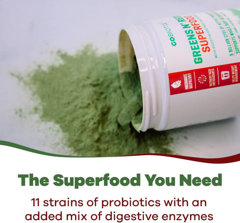GOBIOTIX Super Greens Powder with Organic Spirulina, Superfood Supplement for Digestive Health, 30 Servings