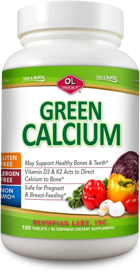 Olympian Labs Green Calcium Tablets, 100 Count - Formulated with K2 & D3 for Healthy Bones & Teeth