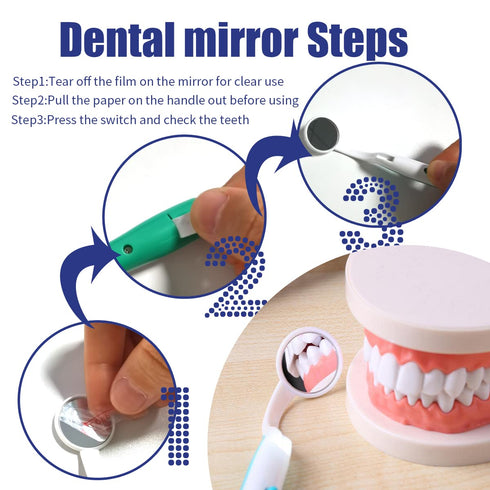 2 Pcs Dental Mirror with LED Light Tool, Anti Fog Curve Angle Dentist Oral Care Tool (Dark Blue)