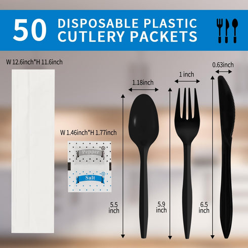 50Pack Plastic Cutlery Packets, Knife Fork Spoon Napkin Salt Pepper Sets, Individually Wrapped Black Plastic Cutlery Packets for Delivery, Cafeterias, Restaurants by CXPSINC