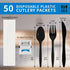 50Pack Plastic Cutlery Packets, Knife Fork Spoon Napkin Salt Pepper Sets, Individually Wrapped Black Plastic Cutlery Packets for Delivery, Cafeterias, Restaurants by CXPSINC