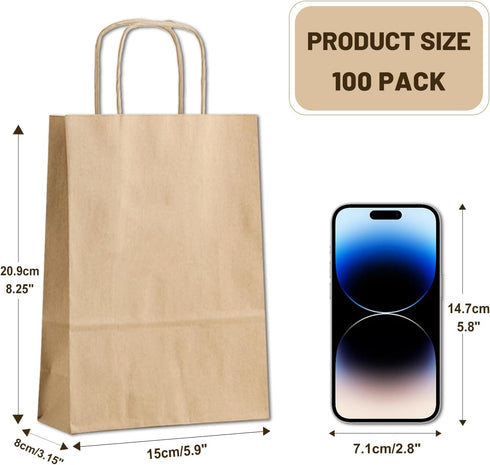 Gift Bags 8.25"X5.9 "X3.15" 100pcs Brown Paper Bags with Handles,Kraft Paper Bags for Small Business Christmas Bulk Bags, Wedding Party Favor Bags,Shopping Lunch Bags, Halloween Trick-or-Treat (Brown)