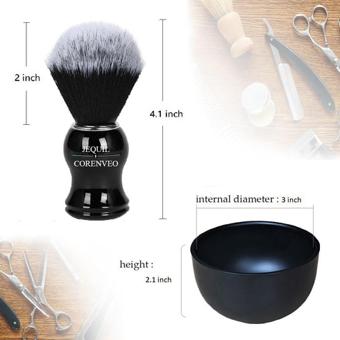 Je&Co Men's Shaving Brush Set - 3 in 1 Synthetic Brush with Steel Bowl and Acrylic Stand