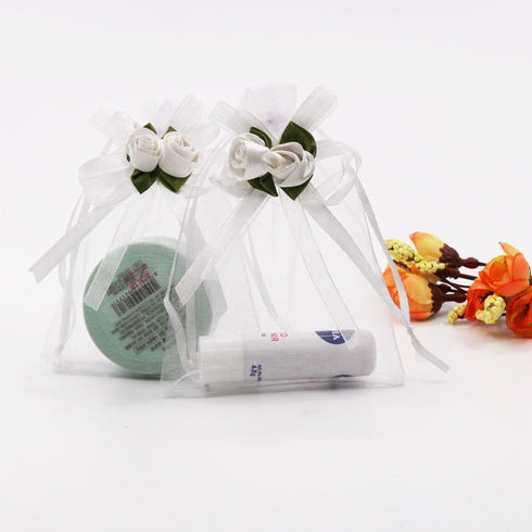 SumDirect Rose Organza Gift Bags, 50 Pcs 4x5 inch White Wedding Favor Bags with Drawstring for Party