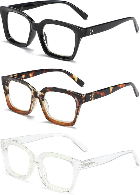 3 Pack Oversize Square Design Reading Glasses for Women, Blue Light Blocking Reader