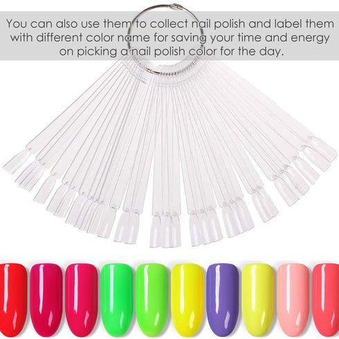 KINGMAS 150 Pcs Nail Swatches Sticks with Ring, Clear Nail Art Color Display False Nail Tips Polish Practice