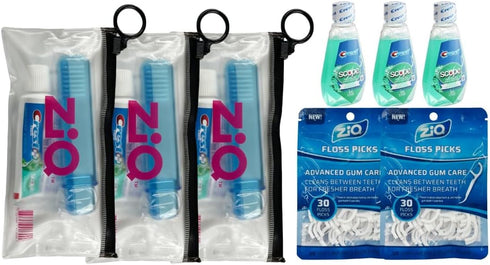 ZiQ Travel Kit with Toothpaste, Mouthwash, Toothbrush, and Floss Picks Set 3 Set