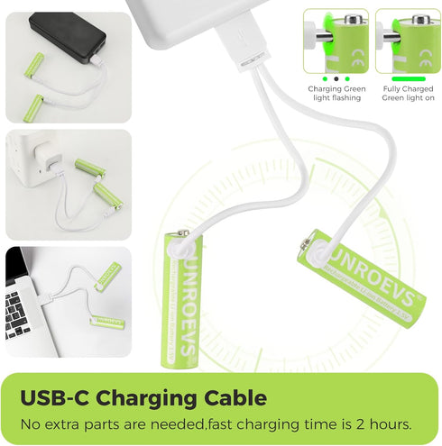 UNROEVS 4 Packs, 3400mWh 1.5V 2-in-1 Cable,2H Rechargeable Lithium AA Batteries Rechargeable Double A Battery