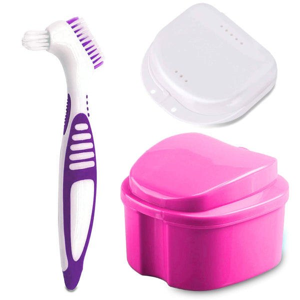 Denture Bath Case Cup with Cleaner Brush & Retainer Holder Box, Complete Care for Dentures, Clear Braces, Pink