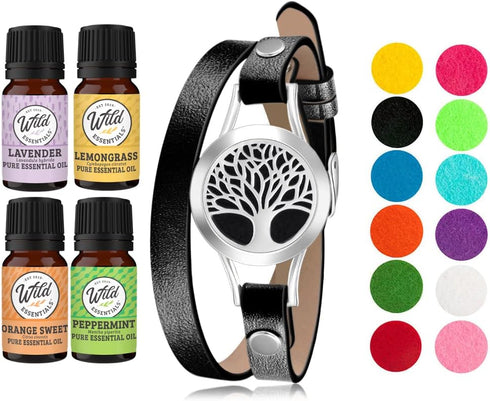 Set, 12 Wild Essentials Tree of Life Essential Oil Leather Wrap Bracelet Diffuser Kit, Gift Lavender, Lemongrass