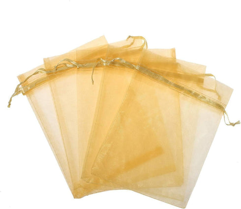 100pcs 5x7 inch Gold Gifts Wrap Bags, Organza Sheer Fabric Bulk, Drawstring Reusable Pouch for Baby Shower Favor, Craft