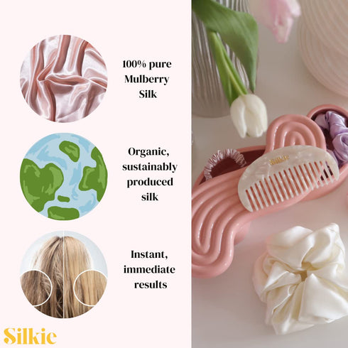 SILKIE x4 Set - Better than Satin - 100% Pure Mulberry Silk Black Skinny Scrunchies Hair Ties