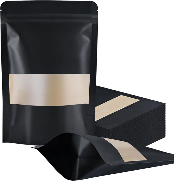 100 Pcs Resealable Bags, 5.5" x 7.9" Stand Up Black Kraft Paper Bags with Matte Window, Zip Lock Storage