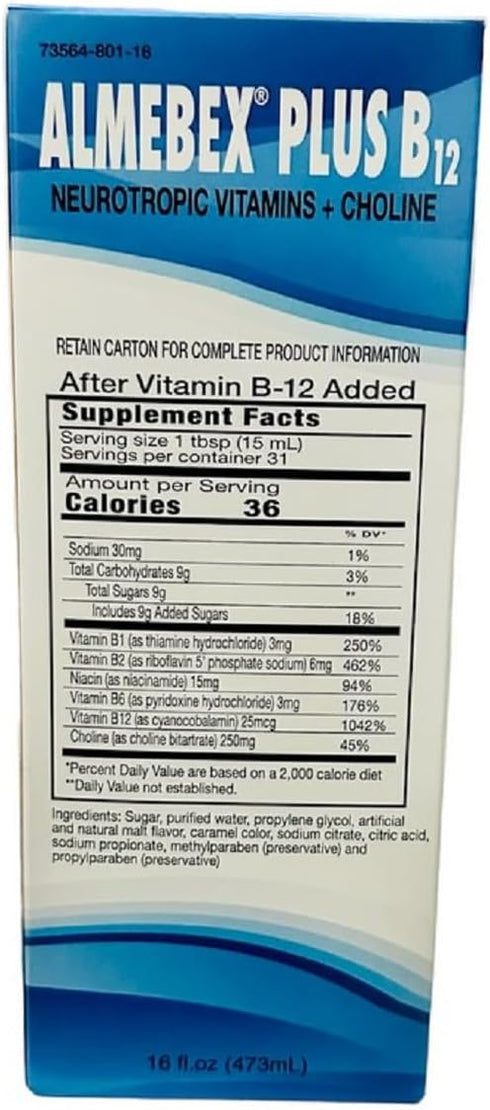 Almebex Plus B12 - Neurotropic Vitamins + Choline, 16 fl. oz