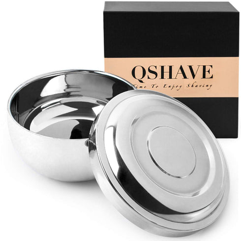 QSHAVE Stainless Steel Shaving Bowl with Lid - 4 Inch Diameter Chrome Plated Finish